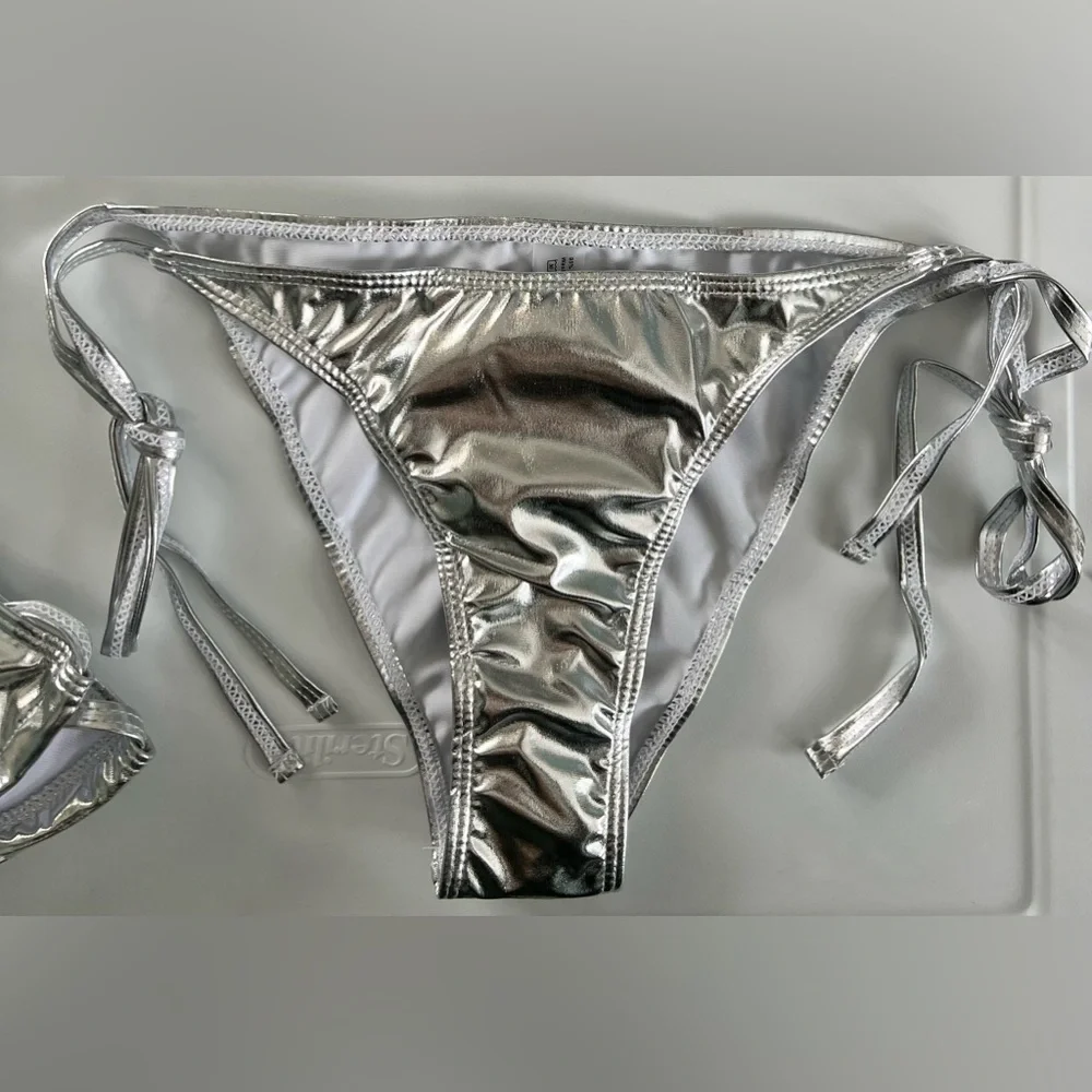 Glamorous Silver Halter Side Tie Bikini Set - Picture 3 of 14